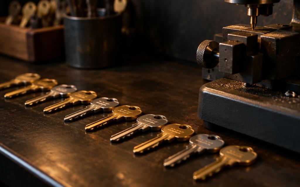 Freshly cut duplicate door keys lined up on a locksmith workbench in Ber Sarai, New Delhi