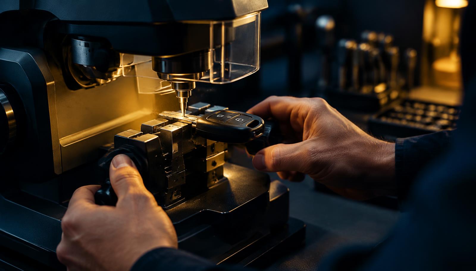 Locksmith cutting a car key on a computerised key cutting machine in Ber Sarai, New Delhi